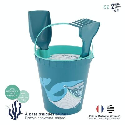 Whale beach toy made from algae (bucket, shovel, sieve and rake)