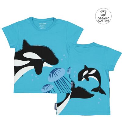T-shirt a maniche corte in cotone biologico per bambini, blu - Orca (2, 4, 6, 8 e 10 anni)