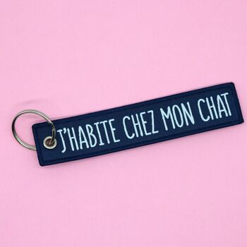 Porte-clés lanière Tissé J'habite chez mon chat - cadeau - anniversaire - crémaillère -