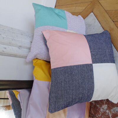 Blue, white and pink checkerboard cushion cover
