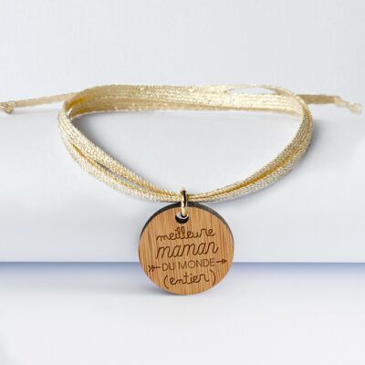 Bracelet 3 tours médaille gravée bois dormeuse ronde 20 mm "Meilleure maman du monde"