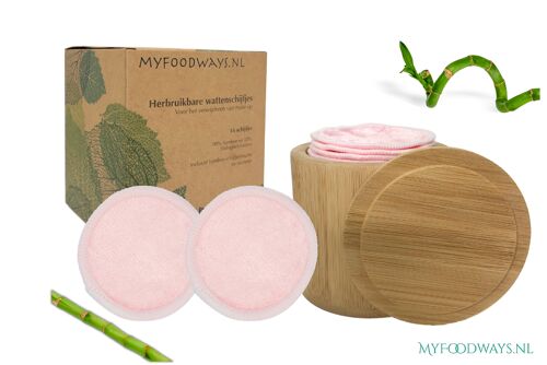 16 Reusable make up pads with holder - Bamboo-Pink