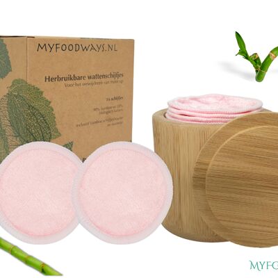16 Reusable make up pads with holder - Bamboo-Pink