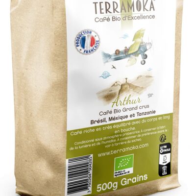 Cafe bio en grains 500g - arabica et robusta mexique, bresil et tanzanie - arthur