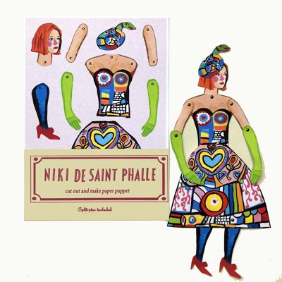 Niki de Saint Phalle schneidet und fertigt eine Künstlerpuppe, eine lustige Aktivität und ein Geschenk
