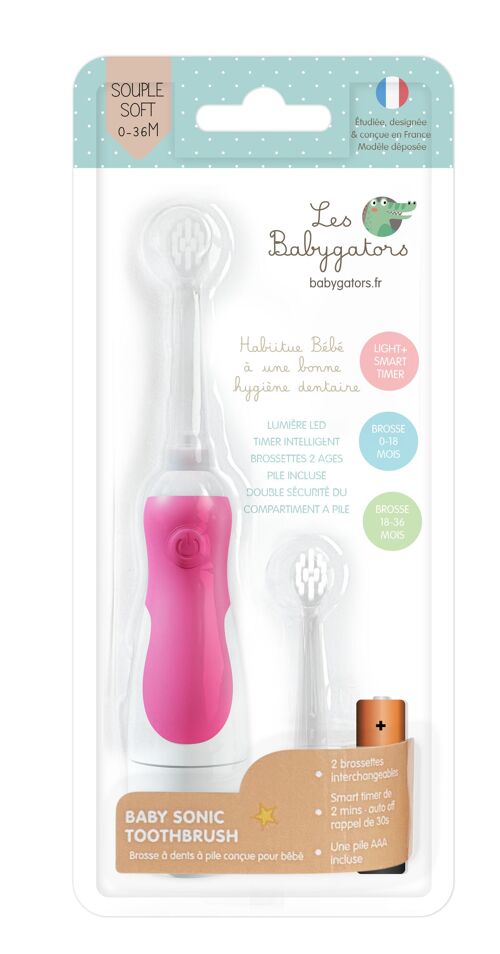 Sonic toothbrush for baby 0-5 years old raspberry with timer and battery Included. The Babygators
