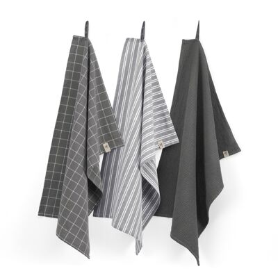 WALRA Keukenset Dry wit Cubes Uni Stripes & Blocks Off Black (set 3 stuks) - 50x70 cm