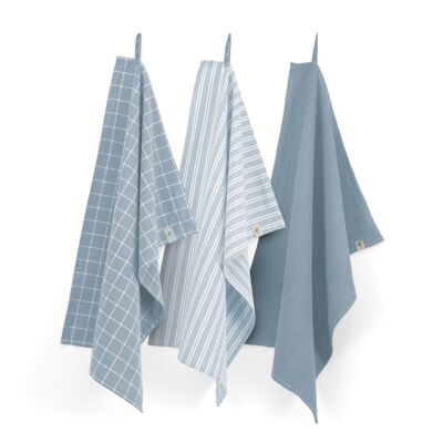 WALRA Keukenset Dry wit Cubes Uni Stripes & Blocks Jeans Blauw (set 3 stuks) - 50x70 cm