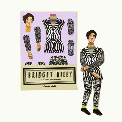 Bridget Riley Künstlerin schneidet und bastelt Papierpuppen, eine lustige Aktivität und ein Geschenk.