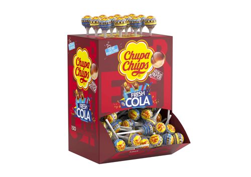 Chupa Chups - Boîte Carton 150 Sucettes Fresh Cola - Sucettes goût Cola et Cola Citron - Bâton en Papier - Idéal pour Fêtes d'Anniversaires - Boite Chupa Chups de 1,8 Kg