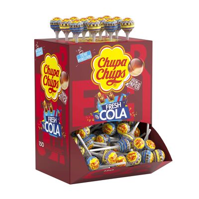 Chupa Chups - Caja Cartón de 150 Piruletas Cola Fresca - Piruletas Sabor Cola y Limón Cola - Palillo de Papel - Ideal para Fiestas de Cumpleaños - Caja Chupa Chups 1,8 Kg
