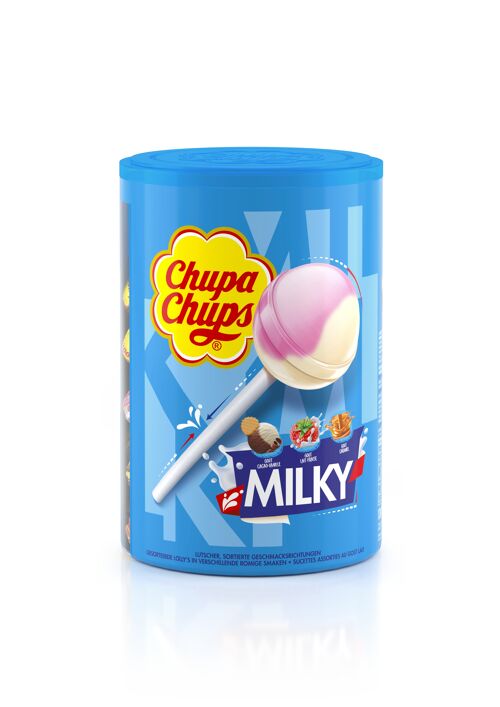 Chupa Chups - Tubo de 100 Sucettes Lait - Parfums Choco/Vanille, Lait/Fraise, Caramel - Idéal pour Fêtes d'Anniversaires