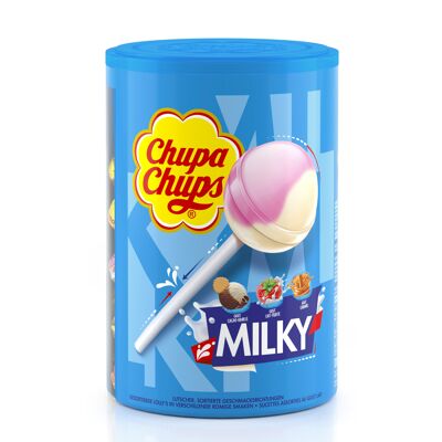 Chupa Chups – Tube mit 100 Milchlutschern – Schoko/Vanille, Milch/Erdbeere, Karamellgeschmack – Ideal für Geburtstagsfeiern