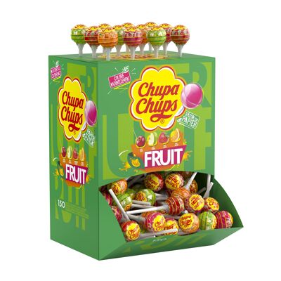 Chupa Chups - Caja de Cartón de 150 Piruletas de Frutas - 4 Sabores Surtidos - Sabor Cereza, Manzana, Fresa, Naranja - Palitos de Papel - Ideal para Fiestas de Cumpleaños - Caja Chupa Chups de 1,8 Kg