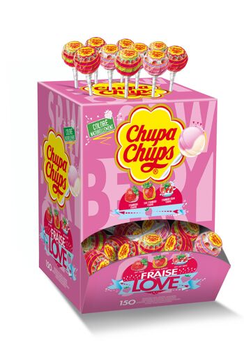 Chupa Chups Tubo Fraise Love, Boîte Distributrice de 150 Sucettes aux Trois Parfums Fraise, Fraise Acidulée et Lait-Fraise 1.8 kg 1