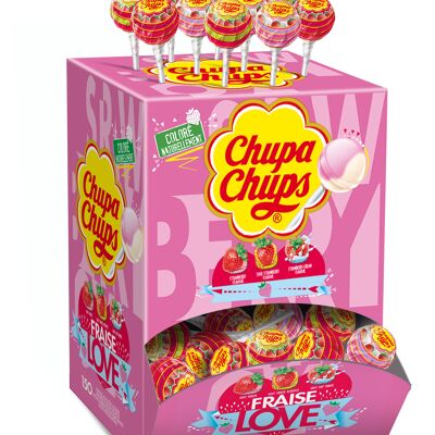 Chupa Chups Tubo Fraise Love, Boîte Distributrice de 150 Sucettes aux Trois Parfums Fraise, Fraise Acidulée et Lait-Fraise 1.8 kg