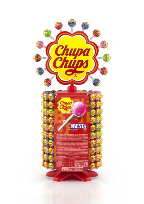 Chupa Chups - Roue de 213 Sucettes - Sucettes à la Pulpe de Fruits + Sucettes Cola, Sucettes Milky et Sucettes Choco-Vanille - Présentoir Original Collector des Boulangeries