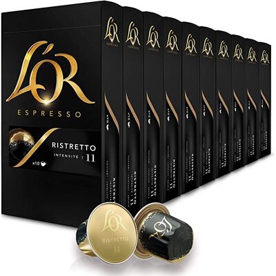 L'OR - CAFE RISTRETTO intensity nº11 - 100 aluminum capsules compatible with Nespresso machines (10 boxes of 10 capsules)