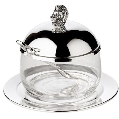 Marmeladenglas Löwe mit Untersetzer und Löffel, edel versilbert, Höhe 12 cm, ø 14 cm, ø Glas 10 cm