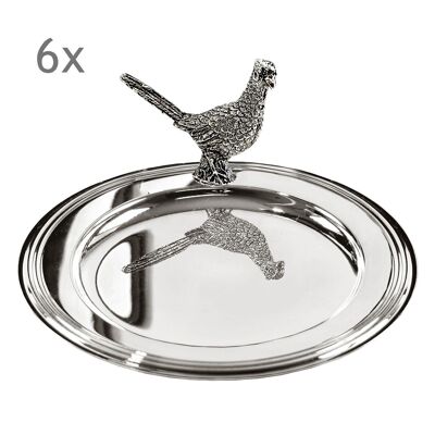 SOLDE Lot de 6 sous-verres sous-bouteilles faisan, métal argenté, diamètre 11 cm