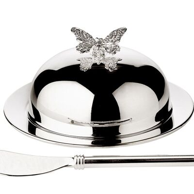 EDZARD Papillon cloche à beurre, avec bol en verre et couvercle, argenté, ø 14 cm, avec couteau à beurre
