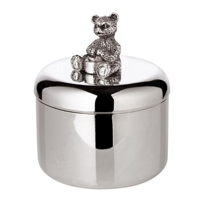 SALE Tin jewelry box tooth box bear, silver plated, height 10 cm, diameter 8 cm