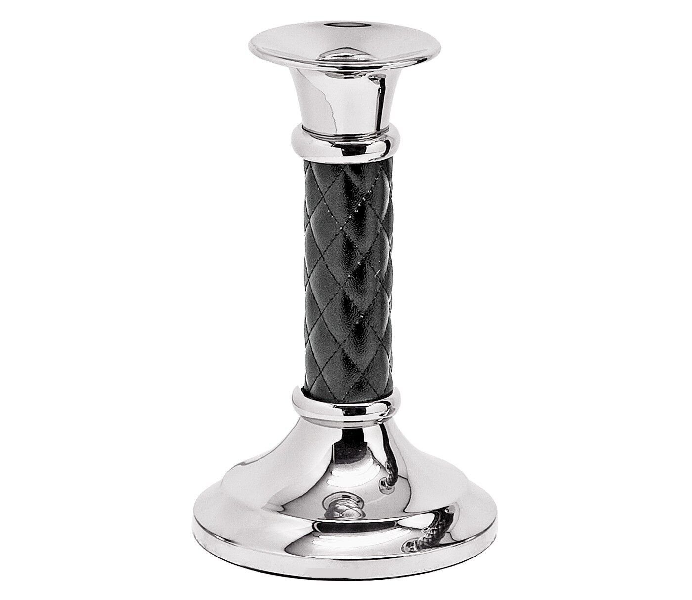 Kerzenleuchter Ronja, Edelstahl glänzend vernickelt, mit Lederschaft, Höhe 19 cm, ø 11 cm