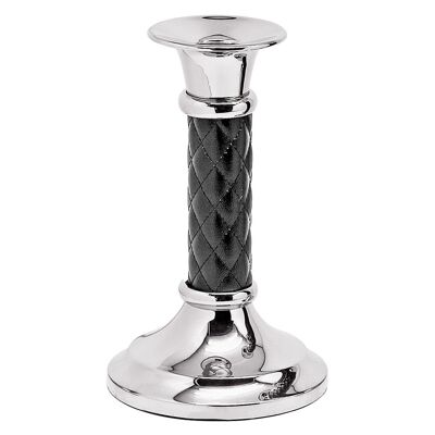 Ronja candlestick, shiny nickel-plated stainless steel, with leather shaft, height 19 cm, ø 11 cm