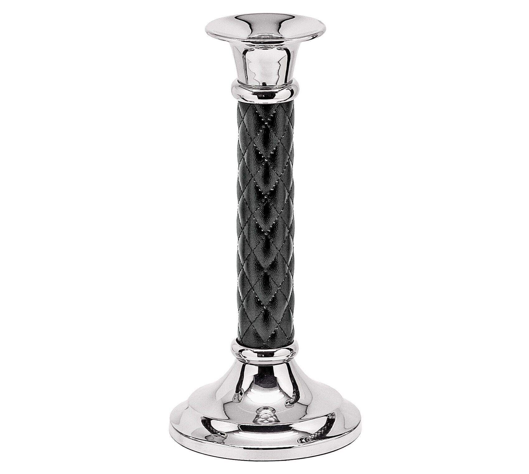 Kerzenleuchter Ronja, Edelstahl glänzend vernickelt, mit Lederschaft, Höhe 24 cm, ø 11 cm