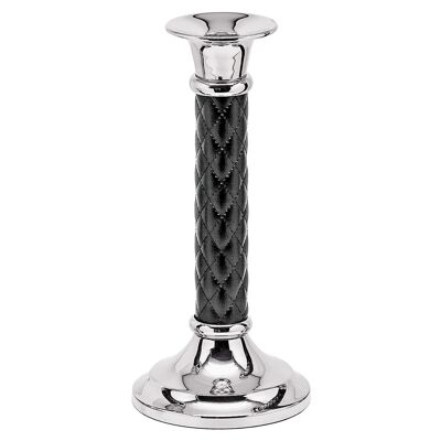Ronja candlestick, shiny nickel-plated stainless steel, with leather shaft, height 24 cm, ø 11 cm