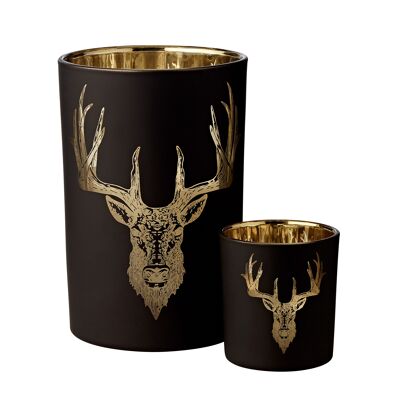 Lantern tea light holder tea light glass forest, deer motif, matt black / gold, height 18 cm