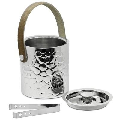 Capri ice bucket with lid, highly polished stainless steel, patterned on the outside, leather handle, tongs, H 17 cm