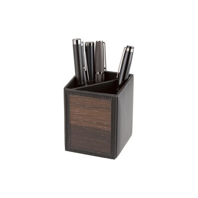 Porte-stylo William - En véritable bois de chêne fumé et cuir de vachette noir