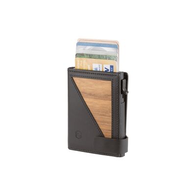Fin wallet - button coin compartment - made of real wood Amazaque and smooth black leather