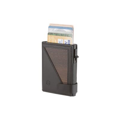 Portamonete Fabio - portamonete con zip - realizzato in vero legno di rovere affumicato e pelle liscia nera