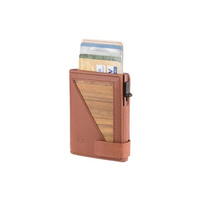 Portamonete Fabio - portamonete con zip - realizzato in vero legno Amazaque e pelle liscia cognac