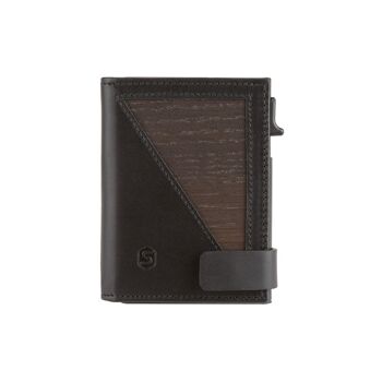 Porte-monnaie Flo - sans compartiment à monnaie - en véritable bois de chêne fumé et cuir lisse noir 4
