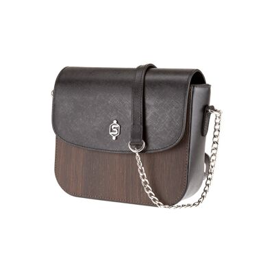Laura handbag - Made of real smoked oak wood and black saffiano leather