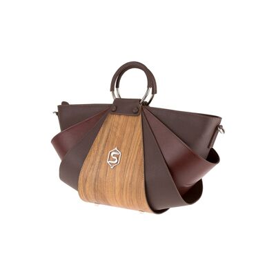 Amy handbag - Made from real wood Amazaque and brown smooth leather