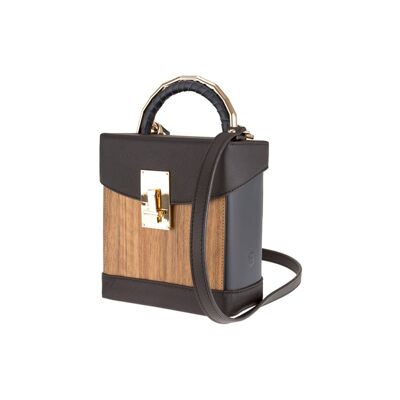 Lara handbag - Made from real wood Amazaque and smooth leather navy blue