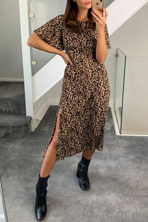 Angel Sleeve Leopard Print Midi Dress