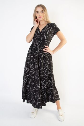 Cutie London - Robe portefeuille mi-longue à pois noirs 1