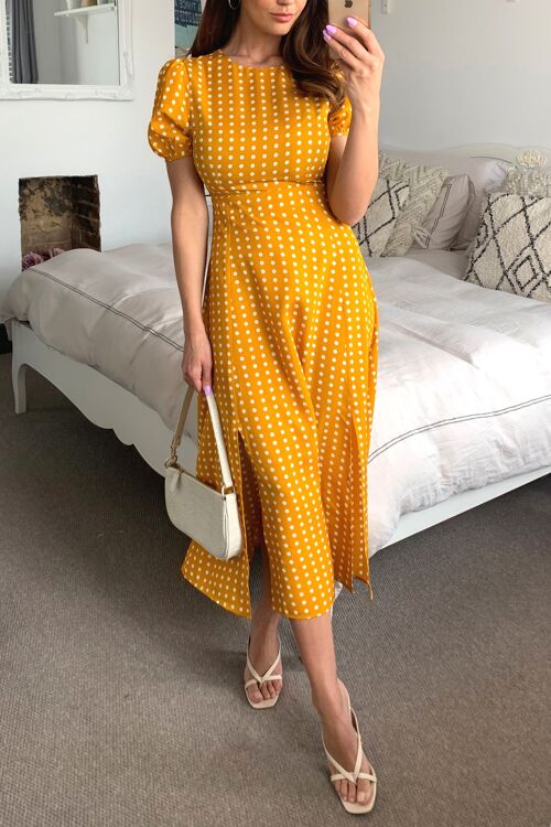 Short Sleeve Maxi Dress in Polka Dot - Mustard