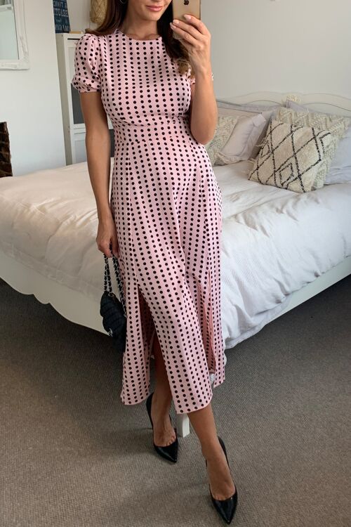 Short Sleeve Maxi Dress in Polka Dot -PINK