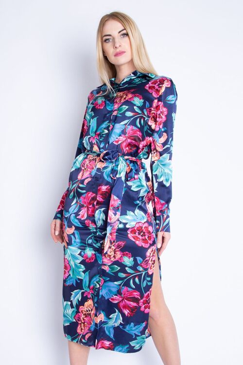 Navy Floral Printed Satin Shirt Dress