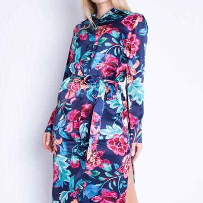 Vestido camisero de satén con estampado floral azul marino