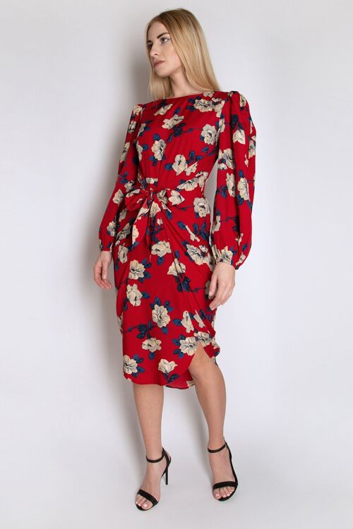 Full Sleeve Floral Dress with Knot Waist Detail
