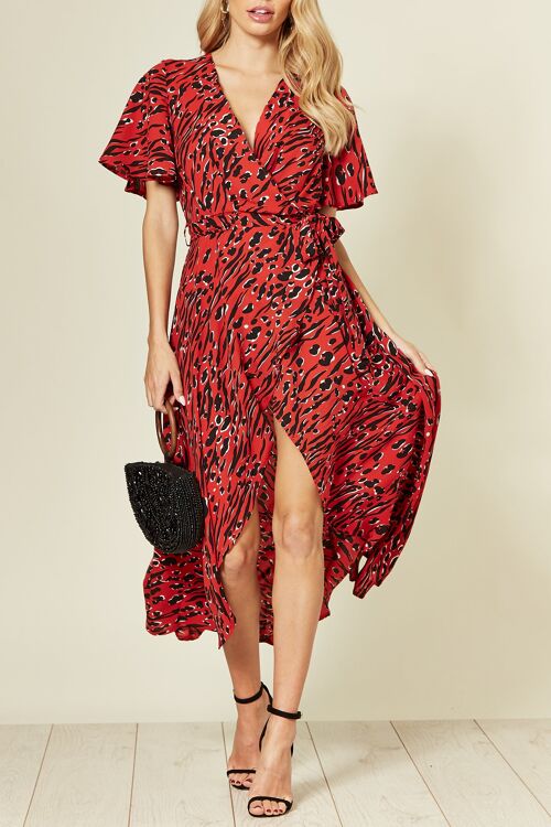 Cape Sleeve Wrap Dress in Red/Black Print