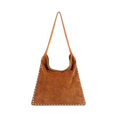 Tote bag cuir camel LOVELY, anses oranges et clous argent