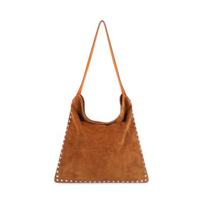 LOVELY camel leather tote bag, orange handles and silver studs